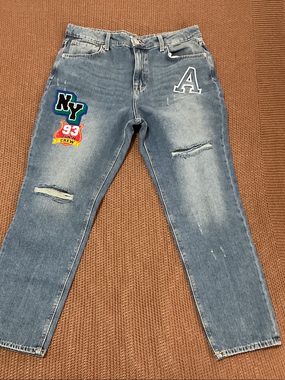 Destroyed Patchwork Blue Denim Jeans with NY & A Patches